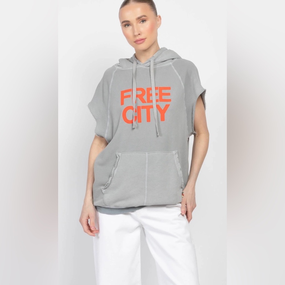 Free city cutoff hoodie grey orange logo short sleeve sweatshirt small